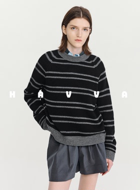 HAVVA不费心穿搭宽松撞色条纹毛衣落肩袖女士针织衫2025冬M3-4589