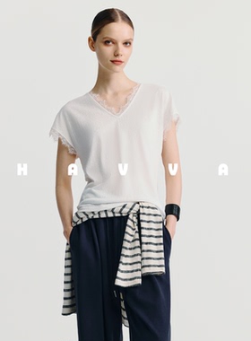 HAVVA设计感V领蕾丝领袖边T恤舒适好穿女士短袖2026春夏季T3-3489