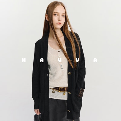 HAVVA中长款宽松慵懒感V领毛衣开衫女针织衫上衣2025秋冬L3-2737