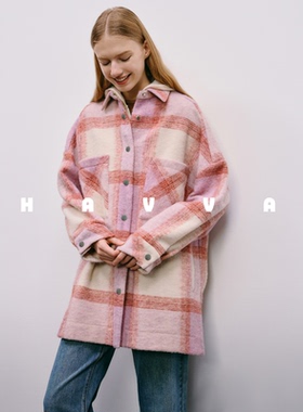 HAVVA减龄显白格纹毛呢外套中款保暖女廓形呢子大衣2025冬N29100