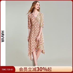 HAVVA法式 Q81960 v領碎花連衣裙女顯瘦通勤不規則下擺裙子2025夏季