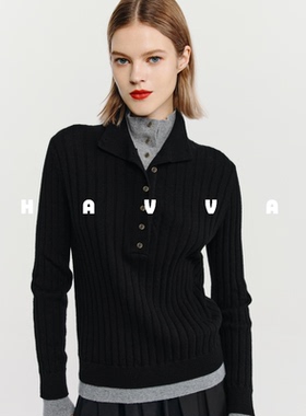 HAVVA高级感半高领假两件毛衣女保暖套头针织衫上衣2025秋M3-4567