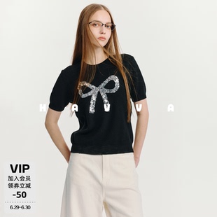HAVVA亮片蝴蝶结装饰短袖针织衫圆领修身女士T恤2026夏季M3-6716