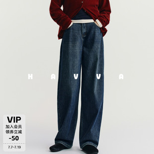 HAVVA加绒加厚香蕉牛仔裤宽松遮胯显瘦女士裤子2025秋冬KH3-3812