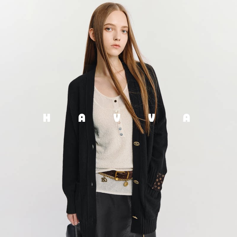 HAVVA中长款宽松慵懒感V领毛衣开衫女针织衫上衣2025秋冬L3-2737