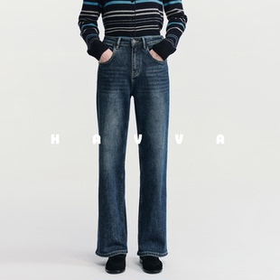 HAVVA水洗猫须直筒加绒加厚牛仔裤保暖女士裤子2025冬季KH3-5176