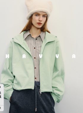 HAVVA双股精梳长绒棉质感连帽卫衣散边下摆女上衣2026春季W3-3754