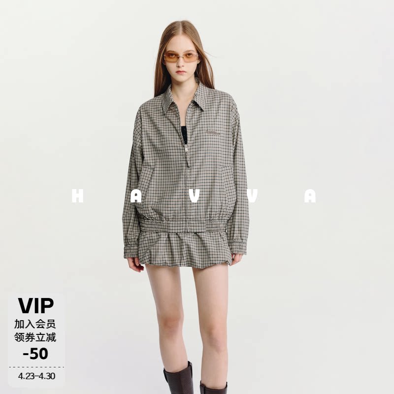 HAVVA格纹翻领宽松显瘦夹克外套高级感女士上衣2026年春季W3-5404