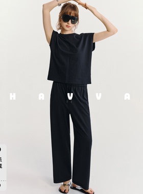 HAVVA肌理飞袖T恤上衣+松紧腰阔腿垂感休闲裤两件套2026夏Z3-6612