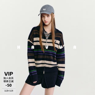 上衣2025秋冬L3 2790 慵懒撞色条纹女开衫 HAVVA双拉链廓形毛针织衫