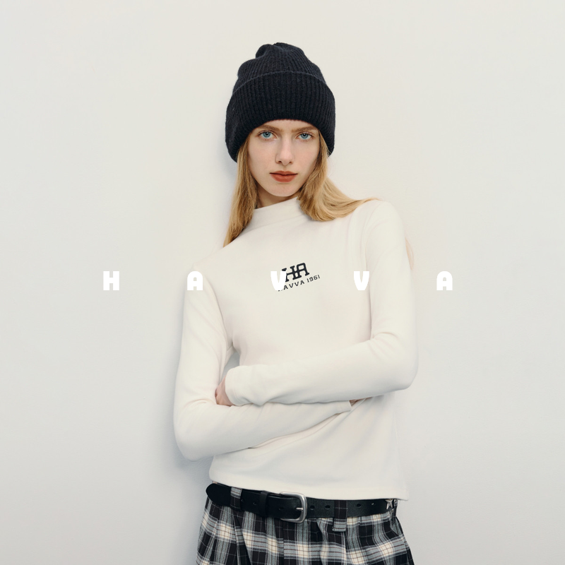 HAVVA小众设计感修身t恤半高领内搭打底衫女士上衣2025秋冬T17740
