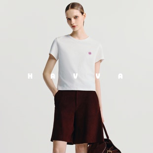 HAVVA简约刺绣圆领短袖 2025夏季 舒适棉感女士半袖 1182 T恤修身