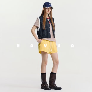 HAVVA经典翻领牛仔马甲撞色设计舒适易搭女士马夹2026春夏J3-5431