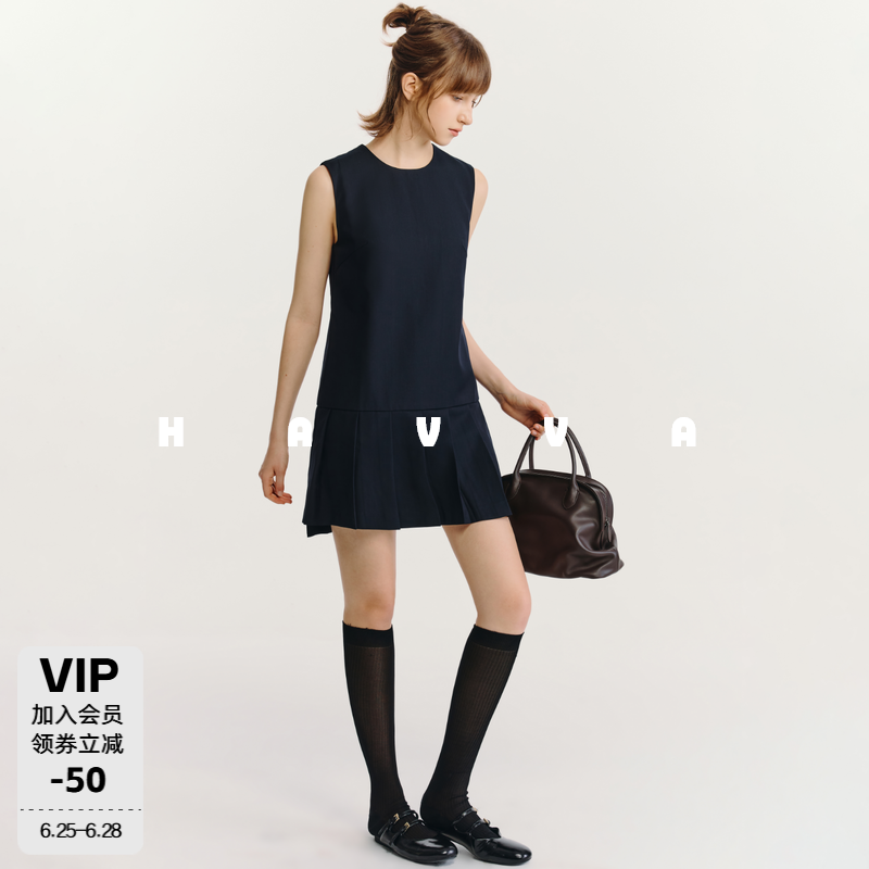 HAVVA无袖微A西装料百褶连衣裙