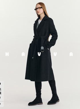 HAVVA带腰带毛呢大衣中长款廓形提气质女士外套2025冬季N3-4116