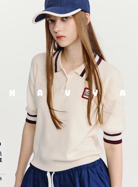 HAVVA学院风撞色条纹短袖针织衫莱赛尔软糯女士上衣2026夏M3-5082