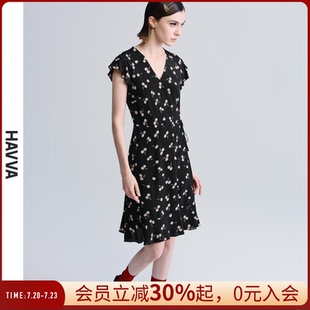 v领樱桃印花连衣裙女显瘦通勤甜美短裙子2025夏季 HAVVA法式 Q55661