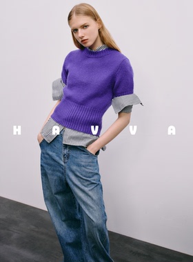 HAVVA今年流行可跨季穿搭短款半袖毛衣针织衫上衣2025秋冬M3-0553