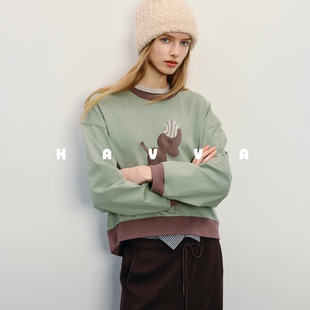 0816 HAVVA设计感拼色圆领卫衣宽松短款 套头女士上衣2025秋季