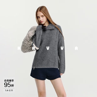 HAVVA轻解构斜开拉链高领针织毛衣女士宽松慵懒上衣2025冬L3-2792