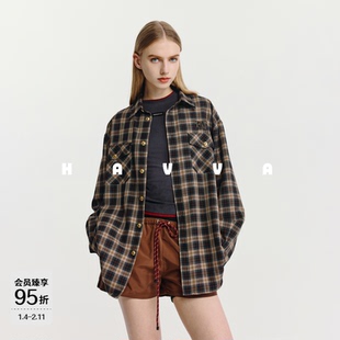 HAVVA美学拼色绒感格纹长袖衬衫慵懒感女士上衣2026春季C3-4671