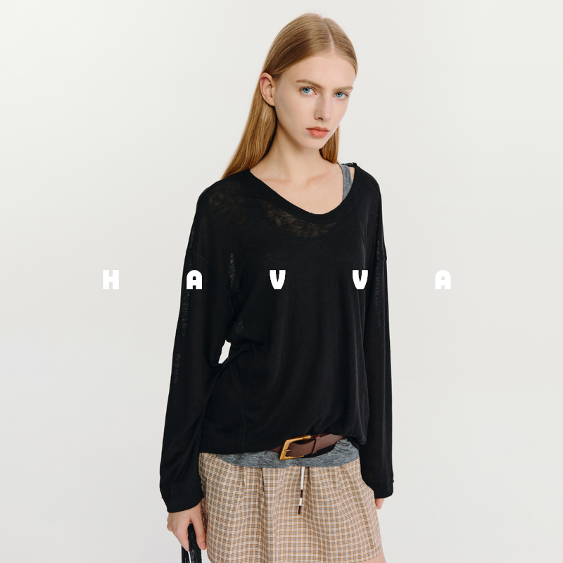 HAVVA微透松弛感夏季空调衫长袖T恤宽松女士罩衫2026春夏T3-4881,女装/女士精品,T恤,淘宝优惠券,粉丝福利购,淘宝优惠卷