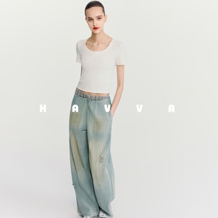 显瘦女士上衣2025夏季 1095 T恤弹力修身 HAVVA休闲简约正肩短袖