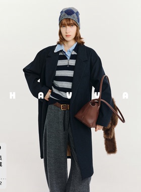 HAVVA高级感一粒扣毛呢大衣翻领女士中长款开衫外套2025冬N3-4125