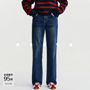 HAVVA高腰直筒加绒加厚牛仔裤修饰腿型女士裤子2025年冬KH3-5169