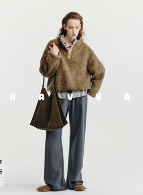 HAVVA舒适保暖加绒加厚直筒卫裤松紧腰女休闲裤2025冬季KX3-5125