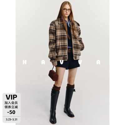HAVVA经典美学拼色格纹毛呢外套舒适保暖女士上衣2026春季N3-2905