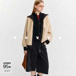 HAVVA仿羊羔毛拼色连帽外套宽松舒适保暖女士上衣2025年冬季P2864