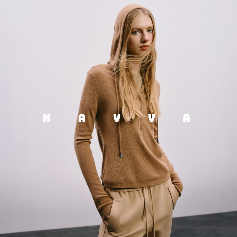 havva连帽纯色针织毛衣
