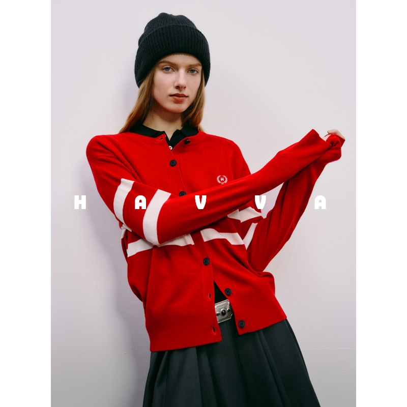 减龄好穿经典配色红色毛衣开衫