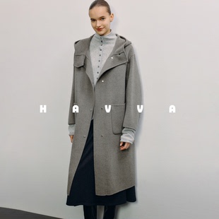 2496 HAVVA围裹式 大廓形连帽100%绵羊毛大衣双面呢外套2025冬季