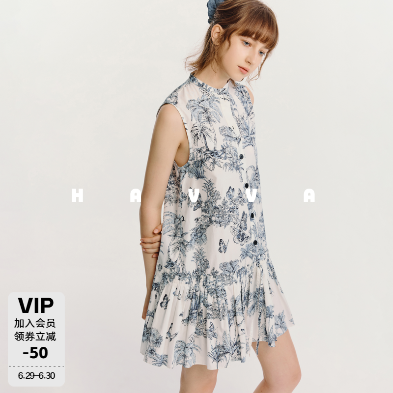 HAVVA立领无袖女士单排扣衬衫裙