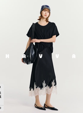 HAVVA柔滑垂坠蕾丝拼接下摆连衣裙圆领卷边袖女长裙2026夏Q3-2323