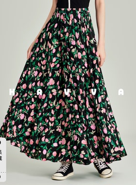 HAVVA法式慵懒松弛感高腰印花大摆长款半身裙2026夏季S3-17260