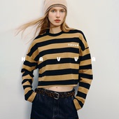 HAVVA松弛感短款 2959 女打底衫 上衣2026春季 条纹长袖 T恤落肩袖