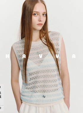 HAVVA镂空条纹透视针织衫宽松舒适透气女士无袖T恤2026夏M3-6813