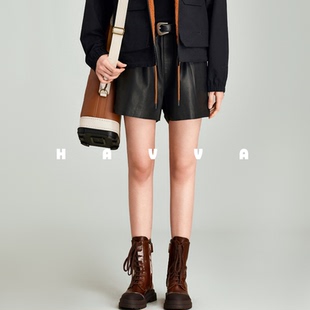 子2026年春KD3 舒适女士裤 3090 抽绳松紧腰短裤 HAVVA设计感PU皮裤