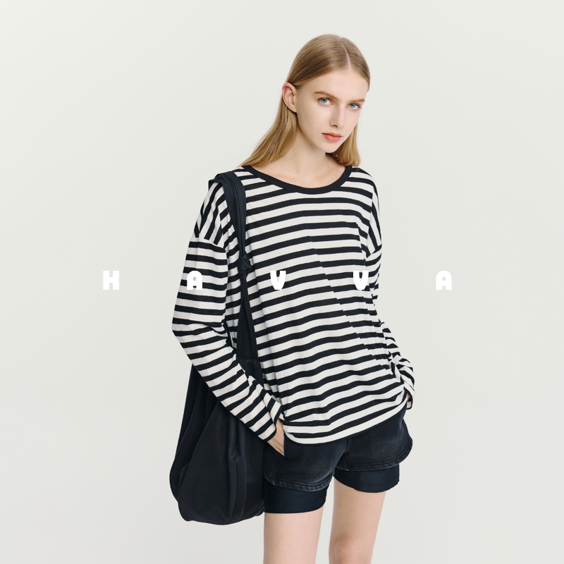 HAVVA松弛感撞色条纹长袖T恤宽松柔软舒弹女上衣2025秋冬T3-4690