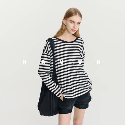 HAVVA松弛感撞色条纹长袖T恤宽松柔软舒弹女上衣2026春季T3-4690