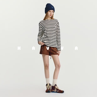 4543 HAVVA撞色条纹长袖 T恤精梳双股长绒棉女套头上衣2026春季