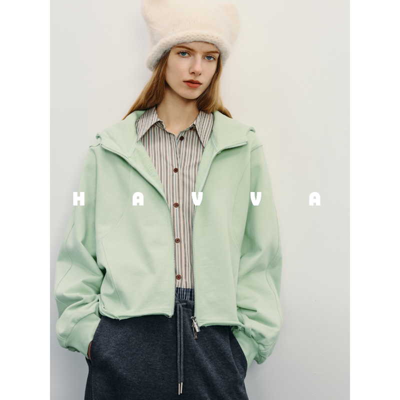 双股精梳棉连帽短款卫衣外套