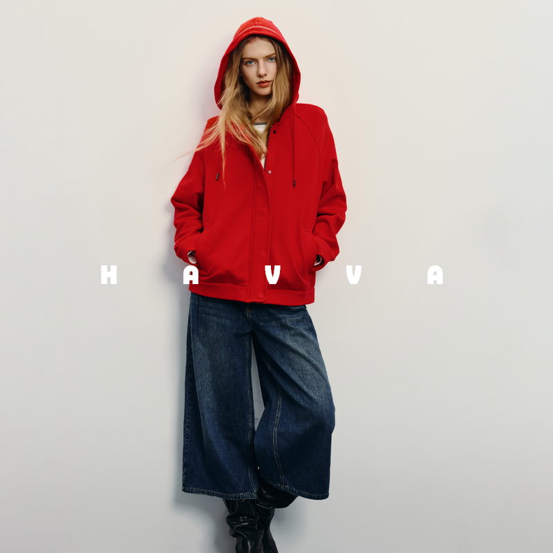 HAVVA【红运好运新年系列】连帽拉链抽绳卫衣女外套2026春W1-3311,女装/女士精品,短外套,淘宝优惠券,粉丝福利购,淘宝优惠卷