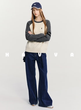 HAVVA美学拼色绞花纹针织衫舒适保暖女士套头毛衣2025秋冬M3-2704