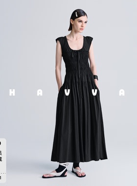 HAVVA法式v领收腰连衣裙女显瘦通勤设计感长裙2026夏季Q3-23300