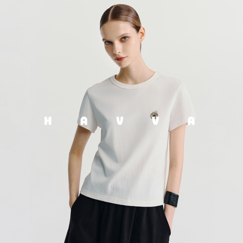 HAVVA休闲慵懒风半袖T恤落肩宽松棉润质感女士上衣2025夏T3-1189
