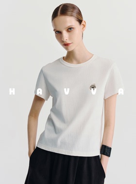 HAVVA休闲慵懒风半袖T恤落肩宽松棉润质感女士上衣2025夏T3-1189